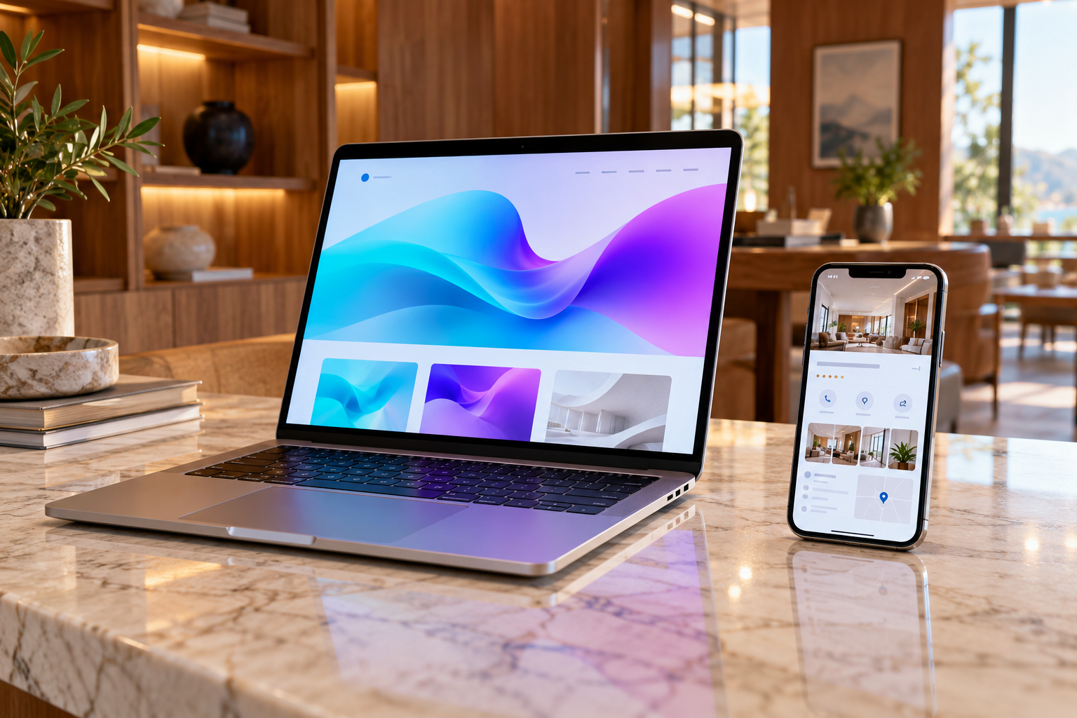 Laptop and smartphone staged on a marble desk