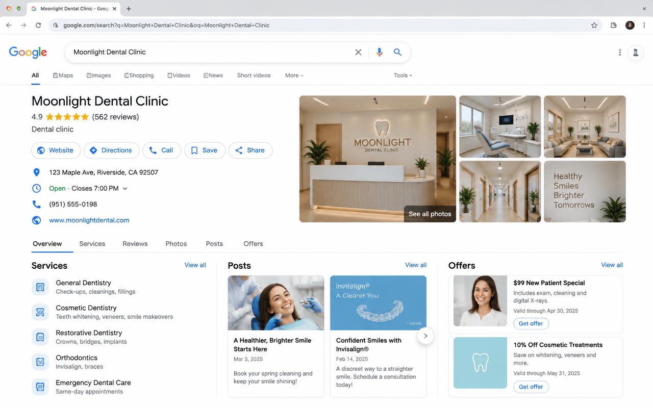 After — full gallery, services, posts, offers and active reviews