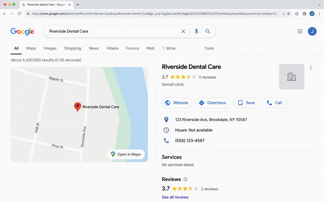 Before — empty listing, no photos, no hours, no services